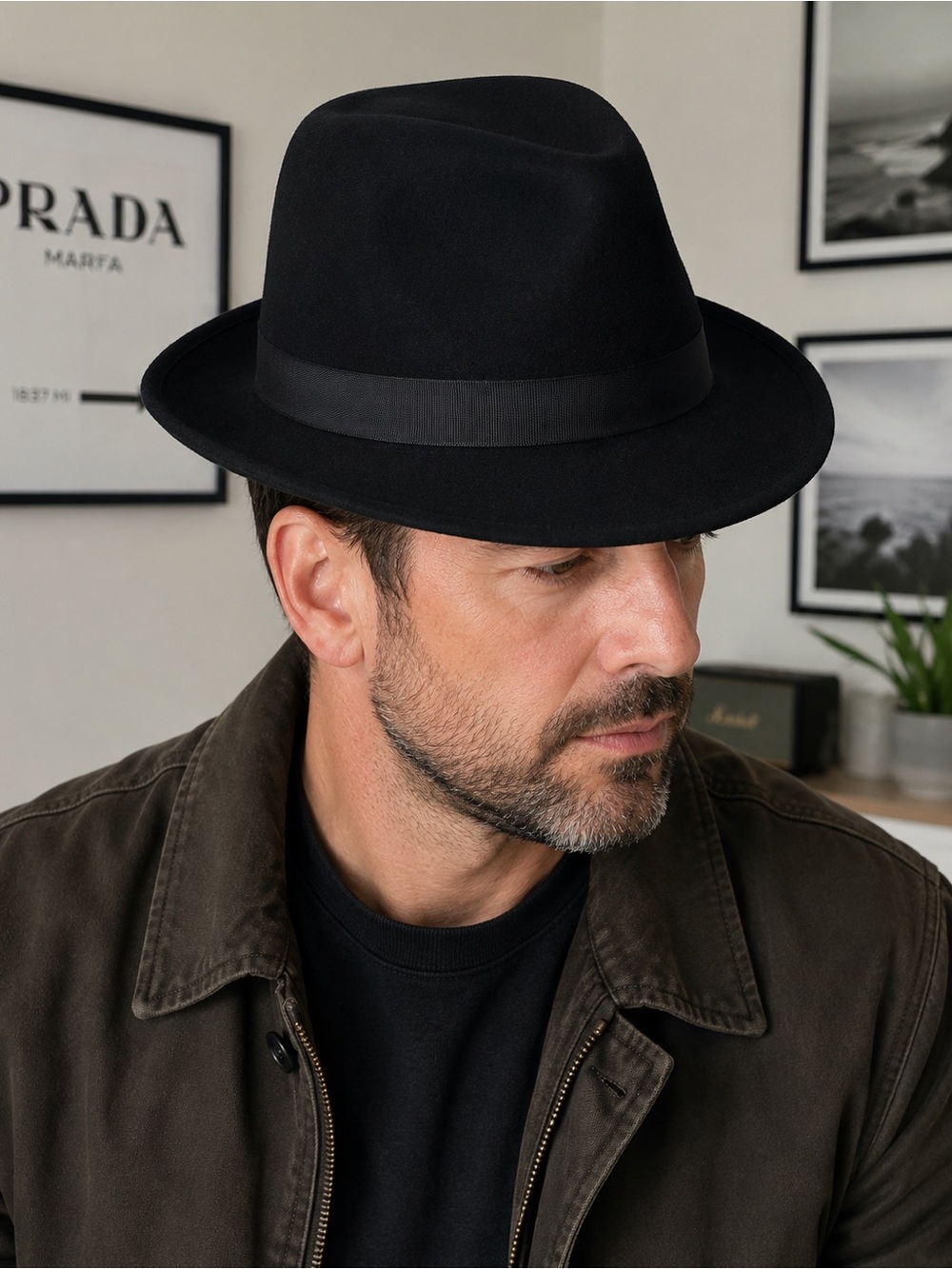 Country Gentleman Wilton Black Fedora Hat 100% Wool Water Repellent Size Medium